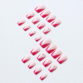 Mkwntg Pink French Tip Press on Nails Medium Square Fake Nails French Tip False Nails with Rhinestones Designs Glossy Silver Glitter Line coffin Glue on Nails Hot Pink Artificial Nails for Women 24Pcs
