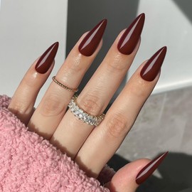 Bellelfin Stiletto Press on Nails, Burgundy Stiletto Fake Nails Glossy Long Acrylic Nails Press ons Solid Color Full Cover False Nails for Women Girls,120Pcs