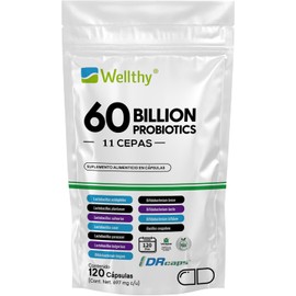 Wellthy Probioticos 60 Billones 11 Cepas. 120 Cápsulas 4 meses de Consumo, Cápsulas Veganas, DRcaps® Acción Prolongada, Bottle Free