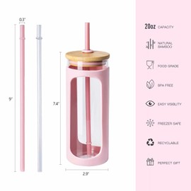 Kodrine 20oz Glass Water Tumbler with Straw and Lid, Bamboo Lids Water Bottle, Iced Coffee Cup Reusable, Wide Mouth Smoothie Cups with Protective Silicone Sleeve BPA FREE-Pink