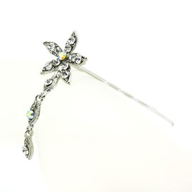 Decorative Hair Stick Flower Dangle Rhinestone Crystal Hair Bun Stick, White
