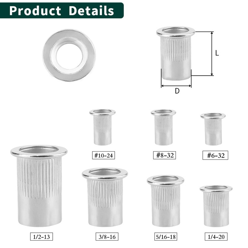 1/4-20 Rivet Nut Stainless Steel 304 (18/8), UNC Flat Head