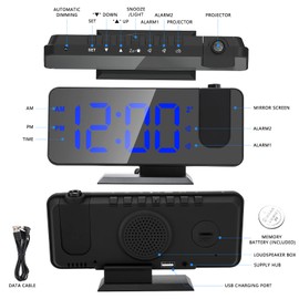 Xakay Projection Alarm Clock for Bedroom, Ceiling Digital Alarm Clock, Alarm Clock with Projection 180°, USB Port, 7.3 Inch Large LED Display, Dual Alarms, Snooze Model, 4 Dimmers for Children,