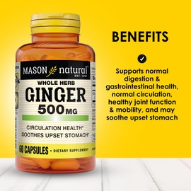 MASON NATURAL Whole Herb Ginger 500 mg, 2 Month Supply, Natural Herbal Supplement, 60 Capsules