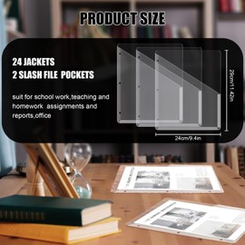 Seajan 24 Pcs Binder Pockets for 3 Ring Binder Clear Plastic Folders Sleeves 3 Hole Punch Document Dividers Poly Slash File Jacket Organizer with 2 Pockets for Office School