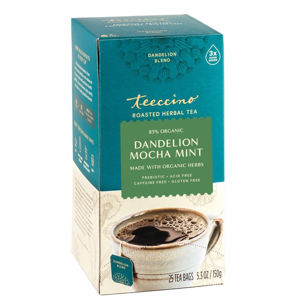 Teeccino Dandelion Mocha Mint Tea - Caffeine Free, Roasted Herbal Tea with Prebiotics, 3x More Herbs than Regular Tea Bags, Gluten Free - 25 Tea Bags