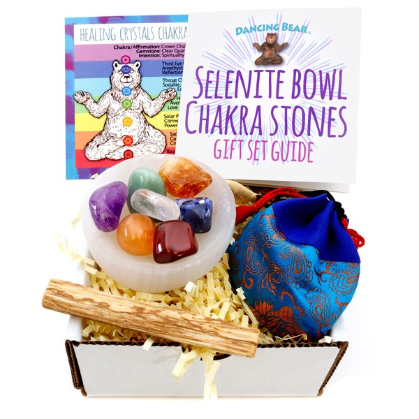 DANCING BEAR 3" Selenite Bowl and 7 Tumbled Chakra Stones & Silk Bag Gift Set, Healing Crystals kit with Palo Santo for Smudging, Charging & Balancing Positive Energy, Made in the USA