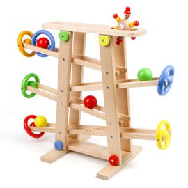 Wooden Wooden Race Track Toddler Toys for 1-3, Wood Car Ramp Racer Toy Vehicle Set with 4 Balls & 5 Race Tracks, Great Educational Montessori Toys for Kids Boys Girls