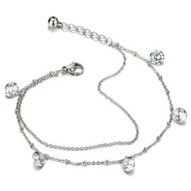 COOLSTEELANDBEYOND Tow-Row Anklet Bracelet Stainless Steel with Dangling Cubic Zirconia