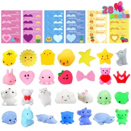 28PCS Valentines Day Cards for Kids School, Valentine Day Gifts for Kids Classroom Filled with Kawaii Mochi Squishy, Exchange Gifts for Kids, Valentine Greeting Card, Game Prize, Valentine Party Favor