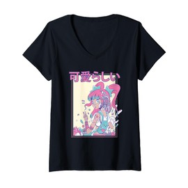 Womens Kawaii Candycore Adorable Anime Girl V-Neck T-Shirt