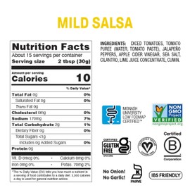 Fody Foods Mild Salsa, 16 Oz, Garlic and Onion Free, Low FODMAP Certified, Gut & IBS Friendly, Vegan, Non-GMO, Gluten Free, Keto Friendly