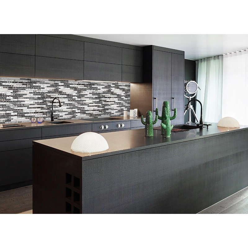 Elephantile Black & White Glass Linear Tile for Kitchen Backsplash
