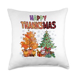 Funny Happy Thanksmas Cute Thanksgiving and Christmas Trees Throw Pillow