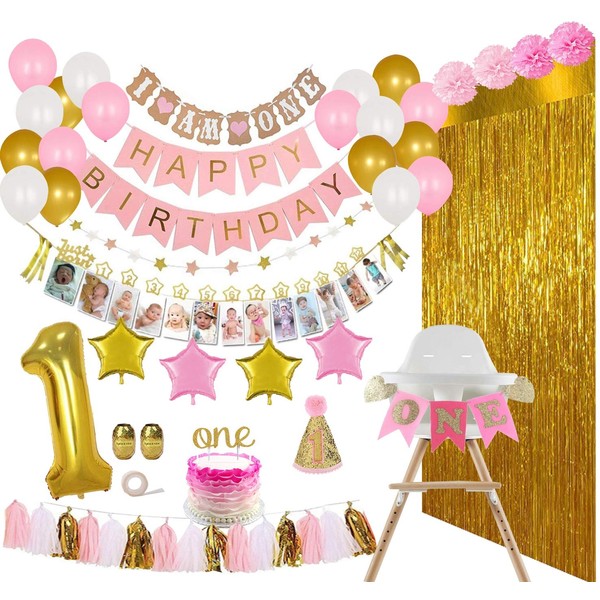 REIGNDROP 1st Birthday Girl Decorations and Party Supplies 133 Pcs - First Birthday Banners for Highchair, Balloons, 12 Months Milestones, Garlands, Cake Topper, Pom Poms, Party Hat, Backdrops, Pink, Pearl White, Gold Decor Pack
