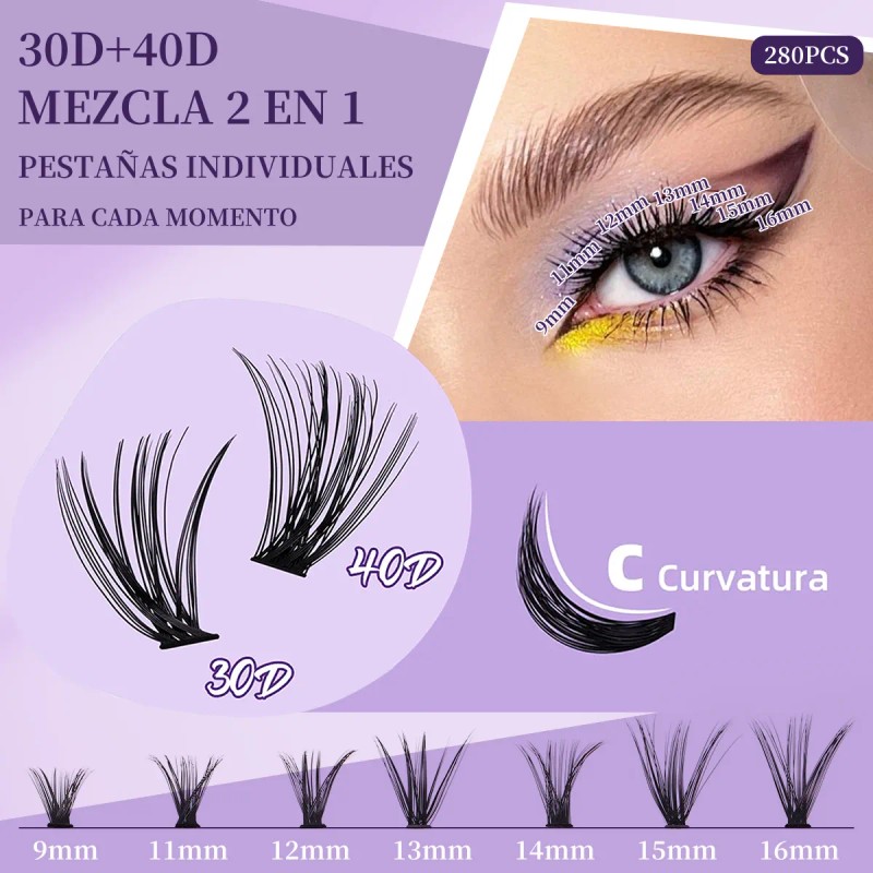 280pzskit De Extensiones Pestañas Raíces Curvaturad C 9-16mm
