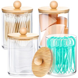 KFDDRN Pack of 4 Acrylic Cotton Buds Container, Qtip Container, Cotton Pads Container Box, Cotton Pads Storage with Bamboo Lids for Living Room, Bedroom, Bathroom