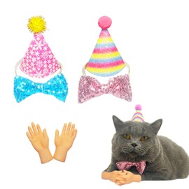 Generic 6 Pcs Cat Birthday Hats with Glittery Bow Tie Collars and Tiny Teaser Hands Party Headwear for Cats and Dogs Party Supplies for Puppies and Kittens Pet Holiday Decoration Costume Accessories