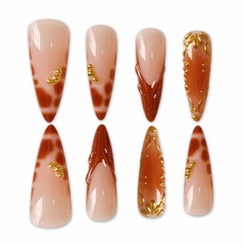 MERVF Press on Nails Long Stiletto Fall, Brown French Tip Fake Nails 3D Gold Glue ons Aura Acrylic Nail Tortoise Design Supplies Glossy 24pcs