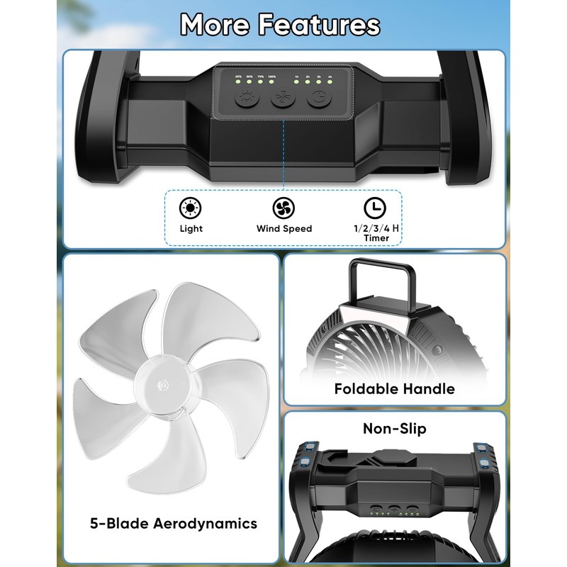 Portable Rechargeable Fan, 20000mAh Battery Powered Camping Fan with LED