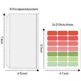 LXWHYP 16 Pcs A6 Binder Envelope Pouches, A6 Zippered binder inserts for 6-Ring Budget Cash Envelope System, clear envelopes for Money Saving and Budgeting, with 42 Sticky Binder Labels