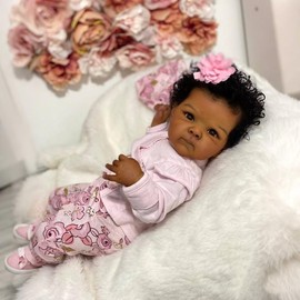 Lifelike Reborn Baby Dolls 18 inch 45 cm Sleeping Mixed Race Black Soft Cloth Body & Curls Realistic-Newborn Dolls African American Real Life Baby Washable Feeding Kit & Gift for Kids