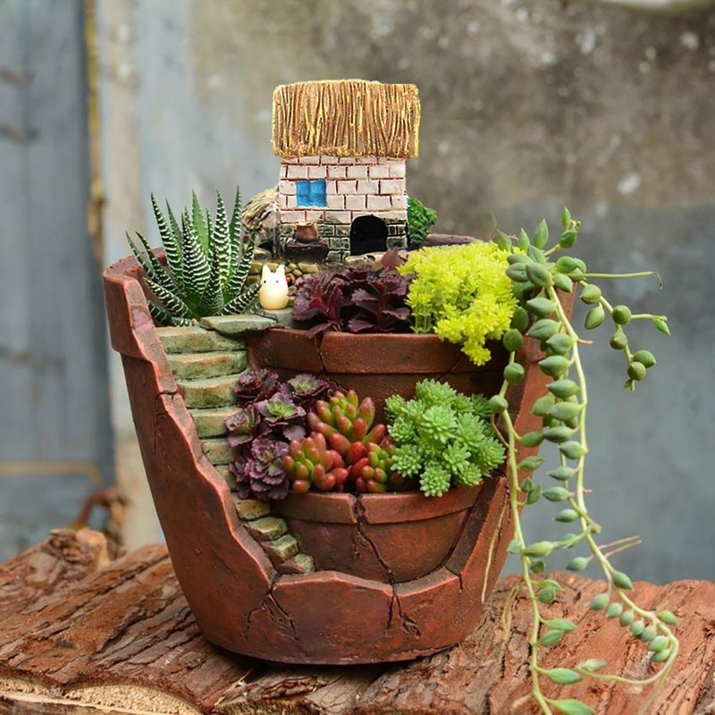 Plants Potted Resin Flower Pots Sweet House Fairy Garden Planter