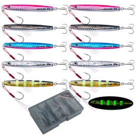 Goture Fishing Jigs, 5 Colours Vertical Jig Saltwater Freshwater, Jig Fishing Lures with Assist Hook and Treble Hookging Spoon Lures with Tackle Box for Tuna, Salmon, Bass(30g,10 Pcs)