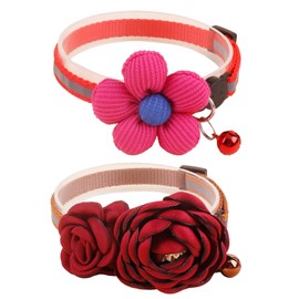 2 Pack Cat Collar Pink Floral with Bell and Removable Flower Bowtie Breakaway Adjustable Cat Collar for Girl Kitten Puppy Small Cats Dogs Daily Decoration (XQ92-1)
