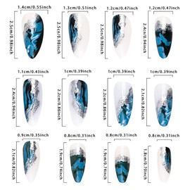 Press on Nails Medium Length Blue Smudge Almond False Nails Artificial Acrylic Nails Silver Powder Design French Fake Nails Marbling Nails 24Pcs Full Cover Glossy Coffin Nails Glue on Nails for Women