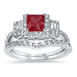 His Hers Wedding Set Red Ruby CZ Engagement Ring Bridal Bands for Women Size 6 Men Size 9