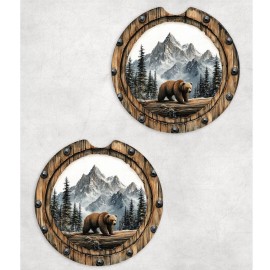 Handmade Car Coaster Set Neoprene Western Mountain Bear Drink Holder Rubber