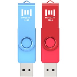 MOSDART 32GB USB2.0 Flash Drive, with Keychain Loop, Swivel Design with LED Light, FAT32 Memory Stick for Computers, System Backup, Data Storage, Red and Blue (Pack of 2)