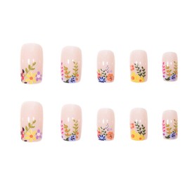 Flower Press on Nails Medium Square Fake Nails Nude False Nails with Design Floral Leaf Glue on Nails Glossy Full Cover Acrylic Nails French Artificial Stick on Nails for Women Girls Manicure 24Pcs