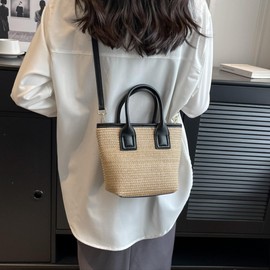 MEGAUK Women Double Handle Woven Tote Bag Mini Straw Crossbody Purse Straw Clutch Summer Beach Handmade Shoulder Bag For Ladies