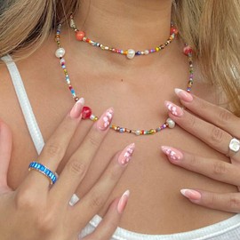 YOSOMK French Tip Nude Press on Nails Almond Medium Fake Nails with Flower Designs Glossy False Nails Bling Sequins Glue on Artificial Nails for Women