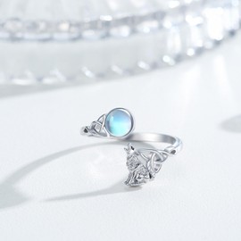Moonstone Wolf Ring S925 Sterling Silver Celtic Wolf Ring Wolf Adjustable Ring Celtic Knot Open Ring Howling Wolf Ring Animal Thumb Ring Howling Wolf Jewelry for Women 8#