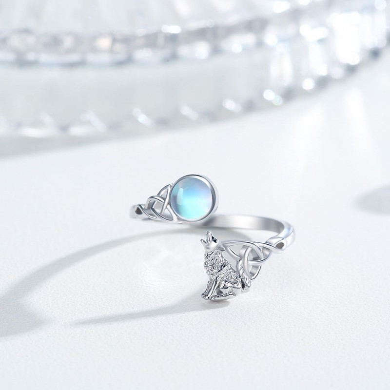 Moonstone Wolf Ring S925 Sterling Silver Celtic Wolf Ring Wolf
