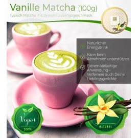 Tea Uniqo - Vanilla Matcha Powder - Ideal for Ice, Latte, Shakes, for Baking, Cooking or Pure Drinking - Green Tea Powder with Vanilla Flavour, 100% Natural in Resealable Tin