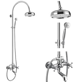 gotonovo Exposed Bathroom Shower System Classic Shower Kit 8 Inch Luxurious Rainfall Shower Head Handheld Spray Tub Filler Brass Pipe 3-Function Wall Mount Double Cross Knobs Polished Chrome