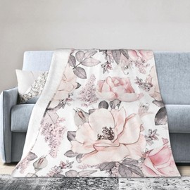Pink Flower Grey Leaves Blanket Soft Lightweight Throw Blankets Cozy Flannel Bed Throws for Sofa Couch Travel Home Room Bedroom Decor Gifts for Girls Women Adults 50"x40"