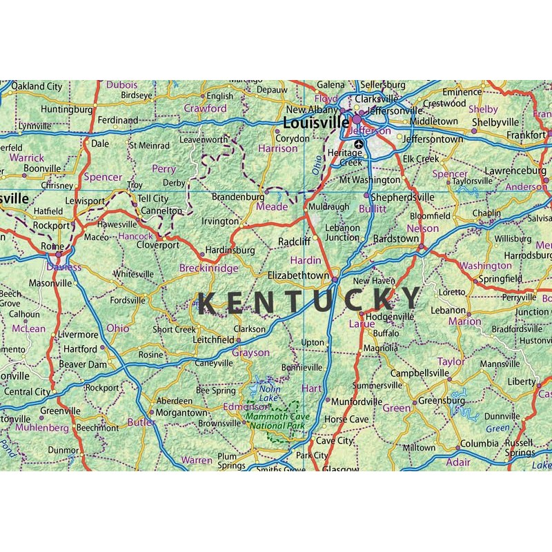 Illinois, Indiana, Ohio and Kentucky Physical Map - 23.3 x