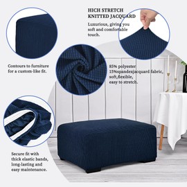 Ottoman Cover Navy Blue Knitted Jacquard Ottoman Slipcover Rectangle - Soft Rectangle Ottoman Slipcover - Thick Storage Stool Furniture Protector with Elastic Bottom(40x35x18 inches,Navy Blue)
