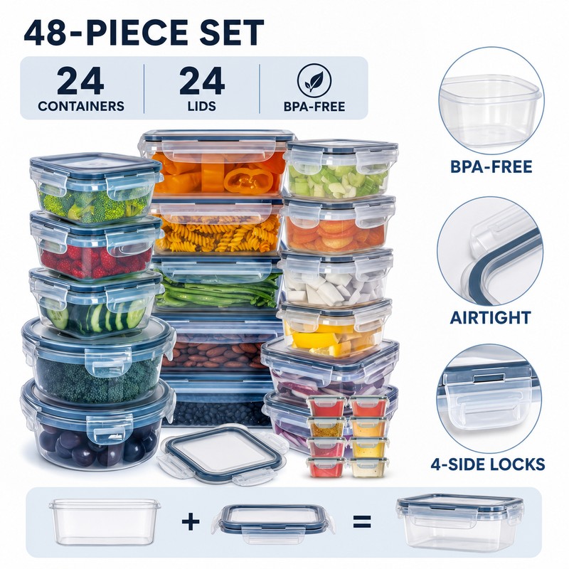 48-Piece Airtight Food Storage Container Set, 24 BPA-Free Stackable Plastic