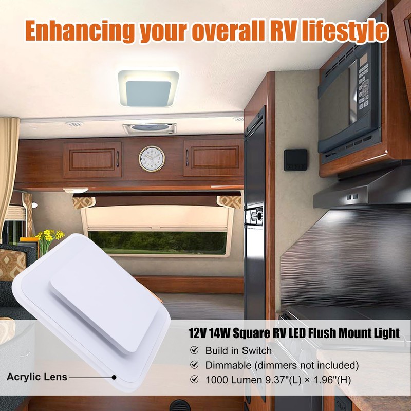 Facon Square LED RV Ceiling Light with Switch - 14W,