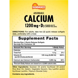 Sundance Calcium 1200 mg with Vitamin D3 5000 IU | 60 Absorbable Softgels | Non-GMO & Gluten Free Supplement