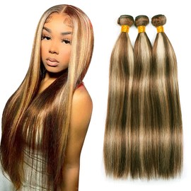 24 26 28 inch Ombre Brown Bundles Human Hair Highlight Bundles Human Hair Blonde Bundle Mixed Length 3 Bundles P4/613 Straight Human Hair Bundles Double Weft Hair Weave