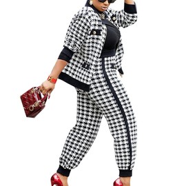 SOMTHRON Women’s Houndstooth Print 2 Piece Outfit Zip Up Long Sleeve Jacket Long Pants Set Work Suits Tracksuit, Black, Large