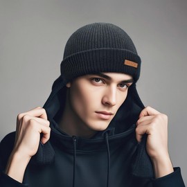 Clakllie Unisex Knit Caps Daily Fisherman Beanie Cap Trawler Watch Hat Roll-up Edge Stocking Hats Ribbed Skullcap,Black