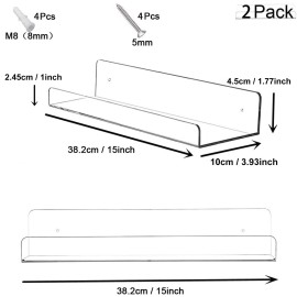 Cerpourt 2 Pack Clear Acrylic Floating Shelves 15 Inch Wall Mounted Book Display Bookshel